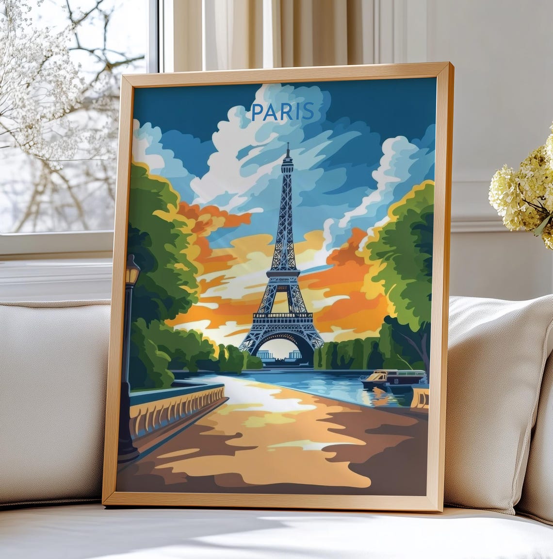 Paris France Eiffel Tower Sunset Vintage Travel Illustration Poster