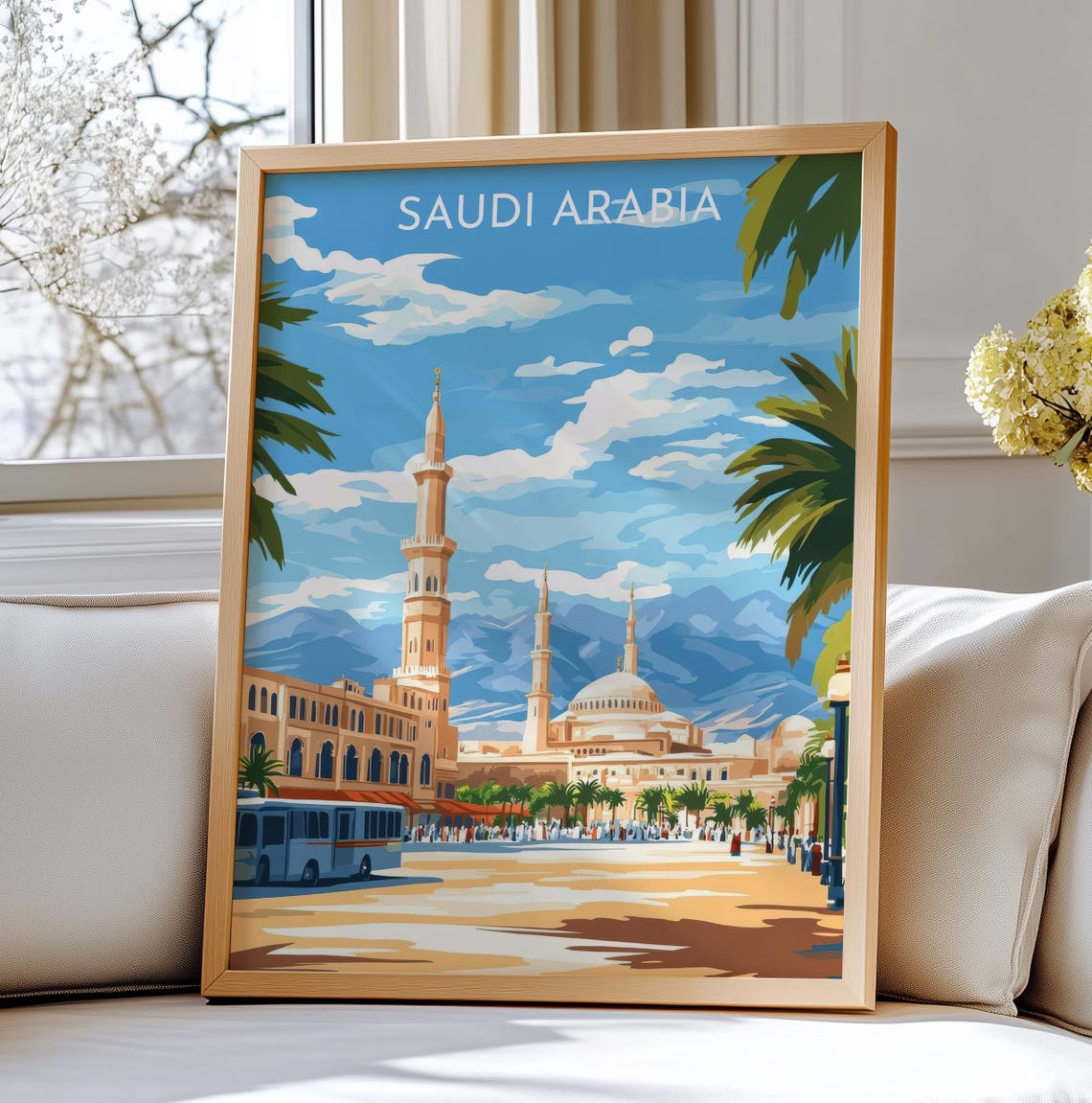 Saudi Arabia Grand Mosque Minarets Palm Trees Travel Poster Art