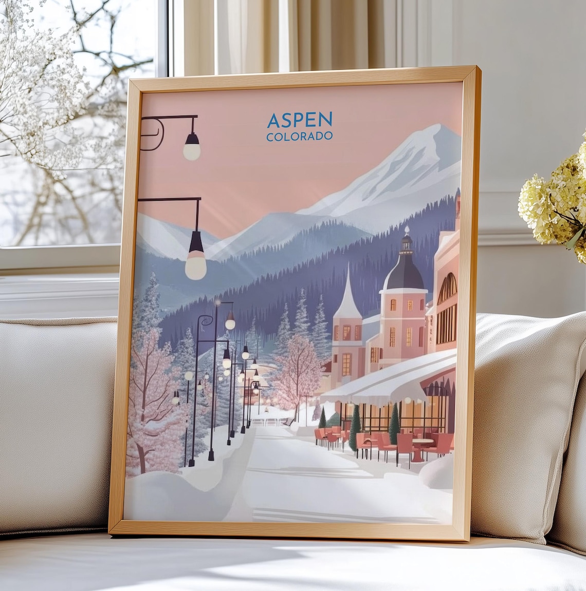 Aspen Colorado Winter Street Travel Poster Snowy Mountain Town Scene