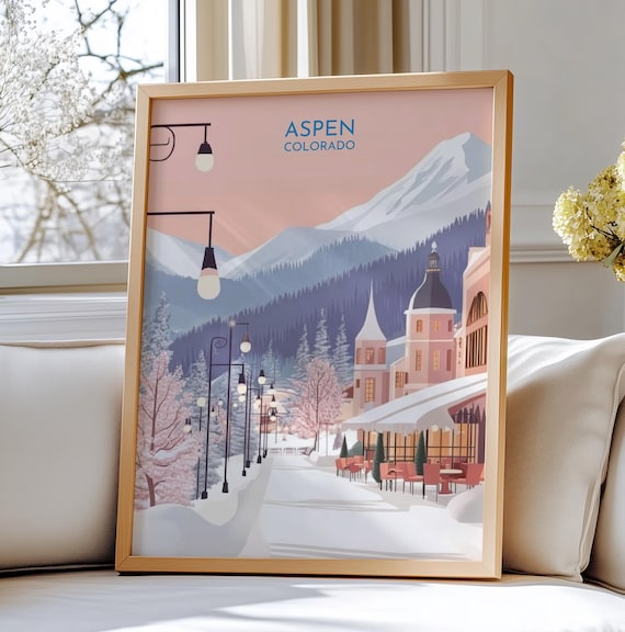 Aspen Colorado Winter Street Travel Poster Snowy Mountain Town Scene