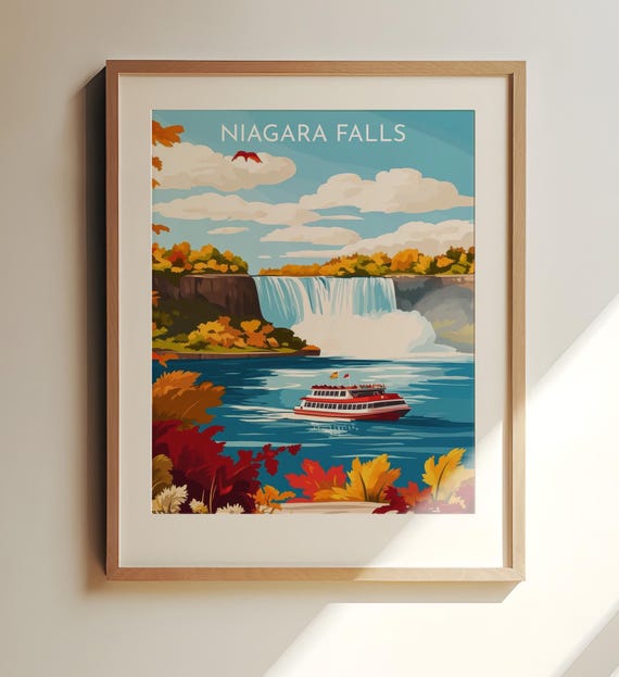 Niagara Falls Canadausa Travel Print Art With Maid Of The Mist In Autumn