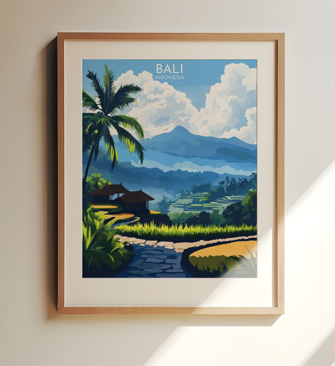 Bali Indonesia Travel Poster Rice Terraces Palm Trees Mountain View