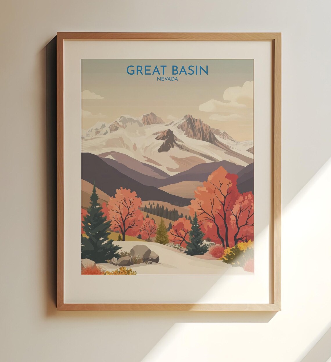 Great Basin Nevada Snowy Mountain Peaks Autumn Trees Travel Poster