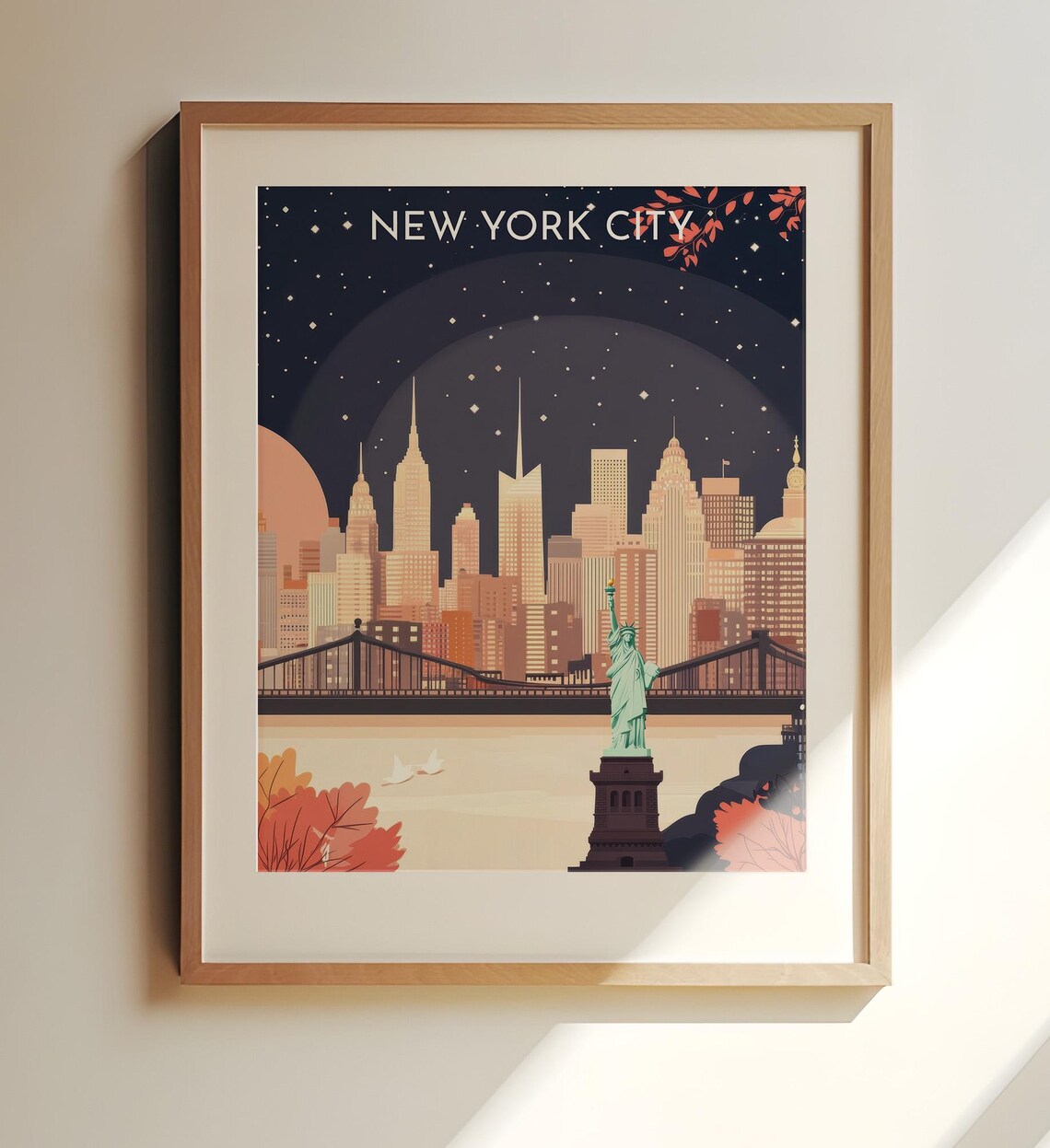 New York City Night Skyline Statue of Liberty Bridge Travel Poster