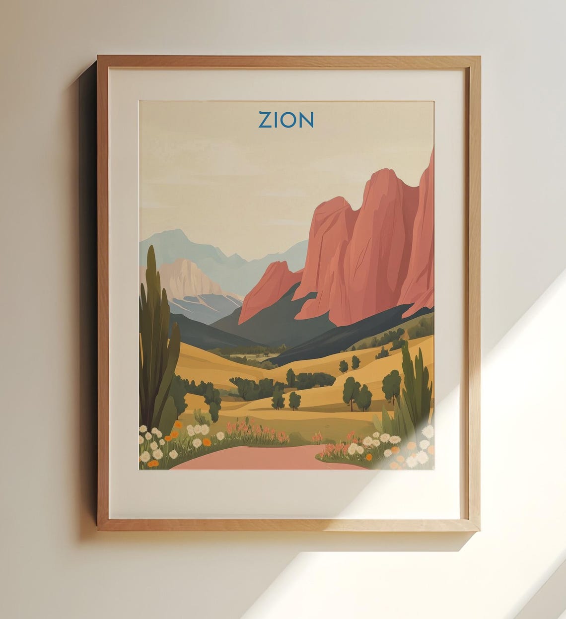 Zion National Park Golden Valley Red Cliffs Wildflower Art Poster