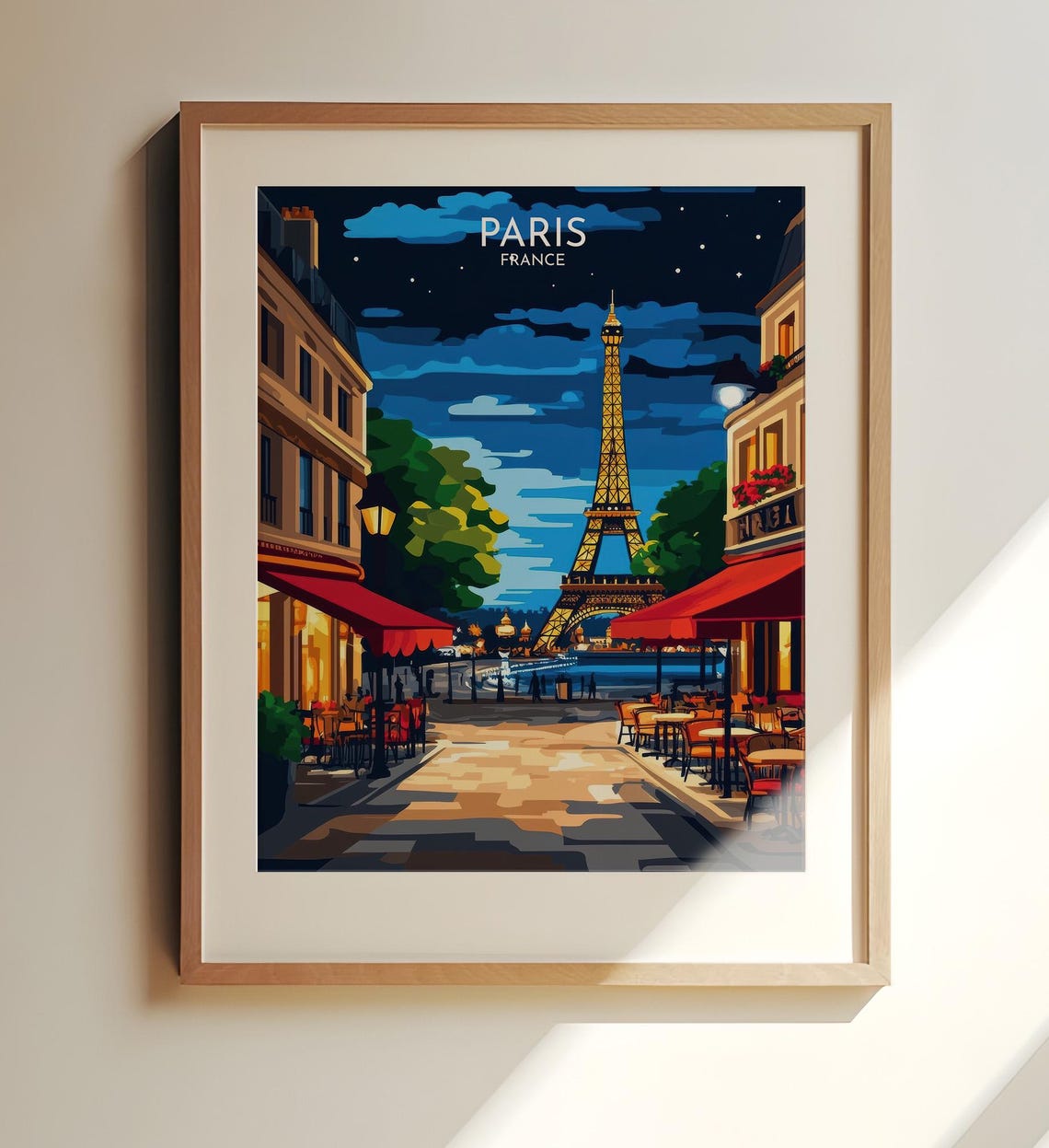 Paris France Eiffel Tower Night Café Street Retro Travel Poster
