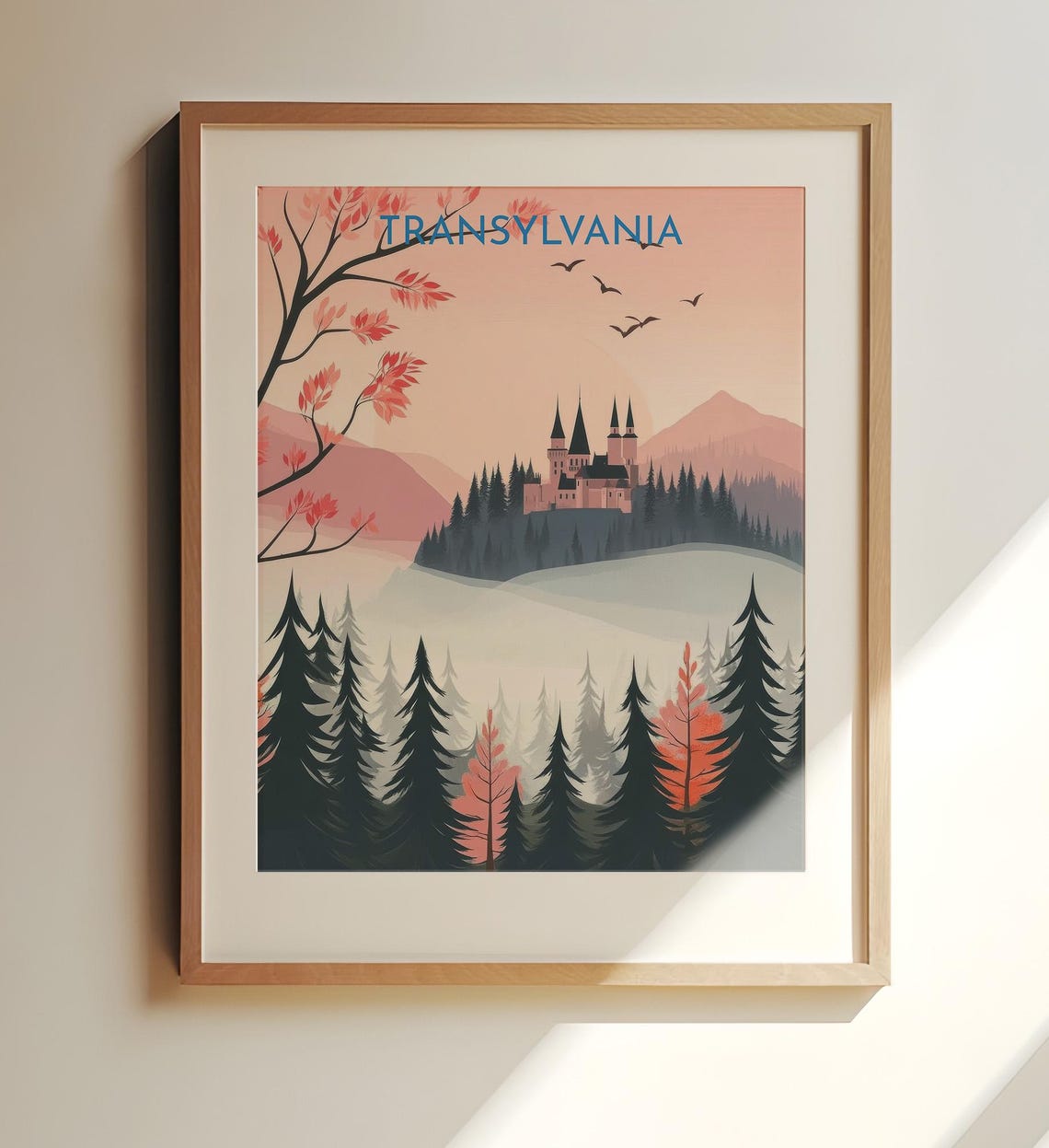 Retro Transylvania Castle Misty Forest Pink Sunset Travel Poster