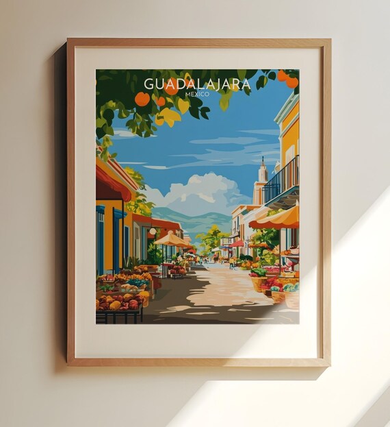 Guadalajara Mexico Vibrant Market Street Vintage Travel Poster