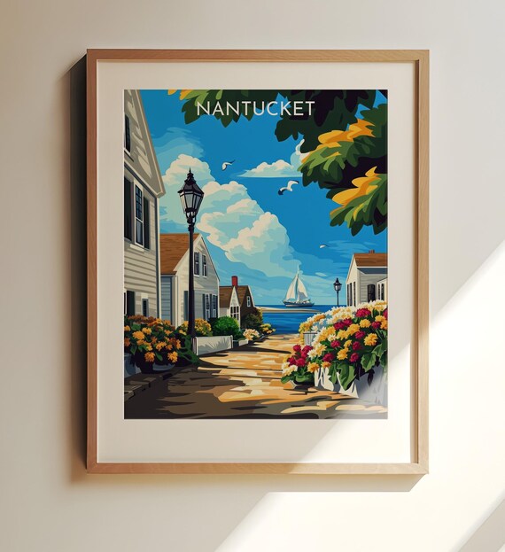 Nantucket Charming Cobblestone Street Sailboats Harbor Travel Poster