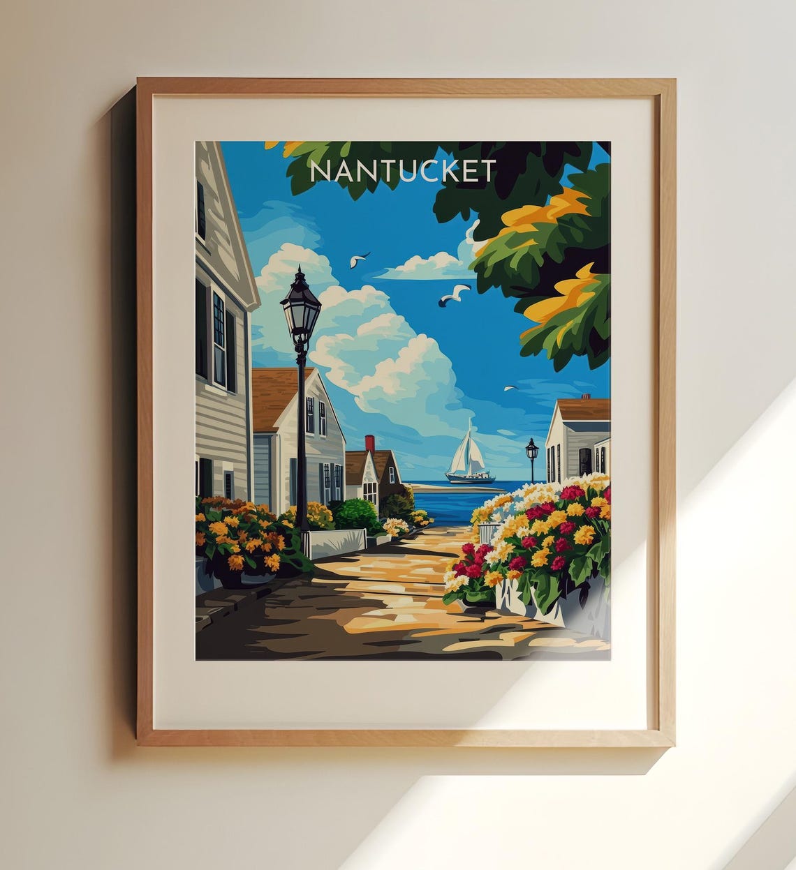 Nantucket Charming Cobblestone Street Sailboats Harbor Travel Poster