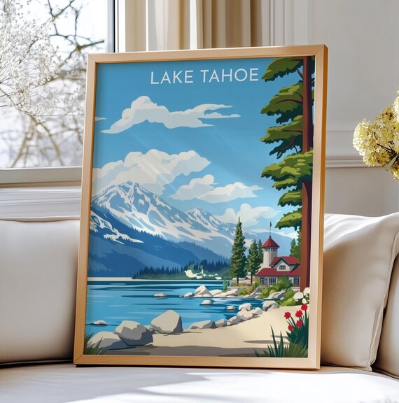 Lake Tahoe Snowy Mountains Lakeside Cabin Vintage Travel Art Poster