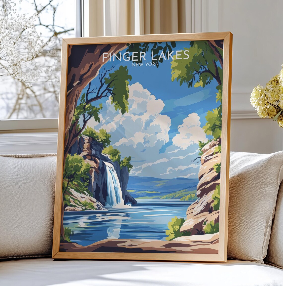 Finger Lakes New York Waterfall Gorge Blue Sky Scenic Art Poster