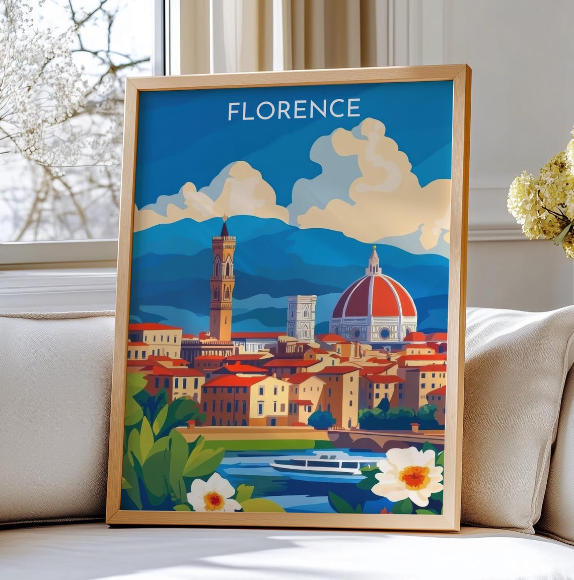 Florence Italy Travel Print Duomo Cathedral Skyline River Scene Art