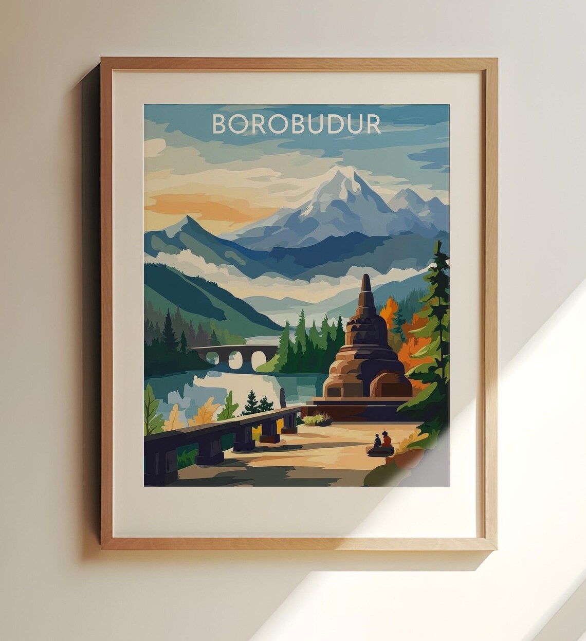 Borobudur Temple Mountain Lake Bridge Indonesia Travel Poster