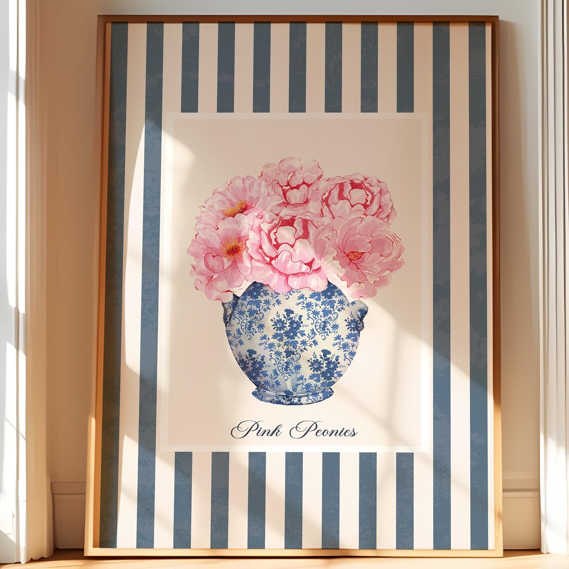 Pink Peonies Chinoiserie Vase Floral Striped Botanical Art Poster