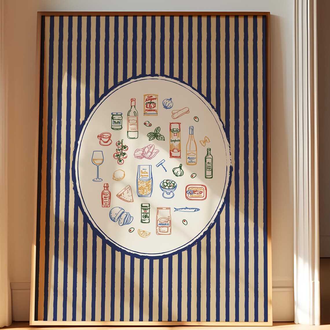 Italian Pantry Sketch Navy Stripe Mediterranean Kitchen Ingredients Oval Wall Art