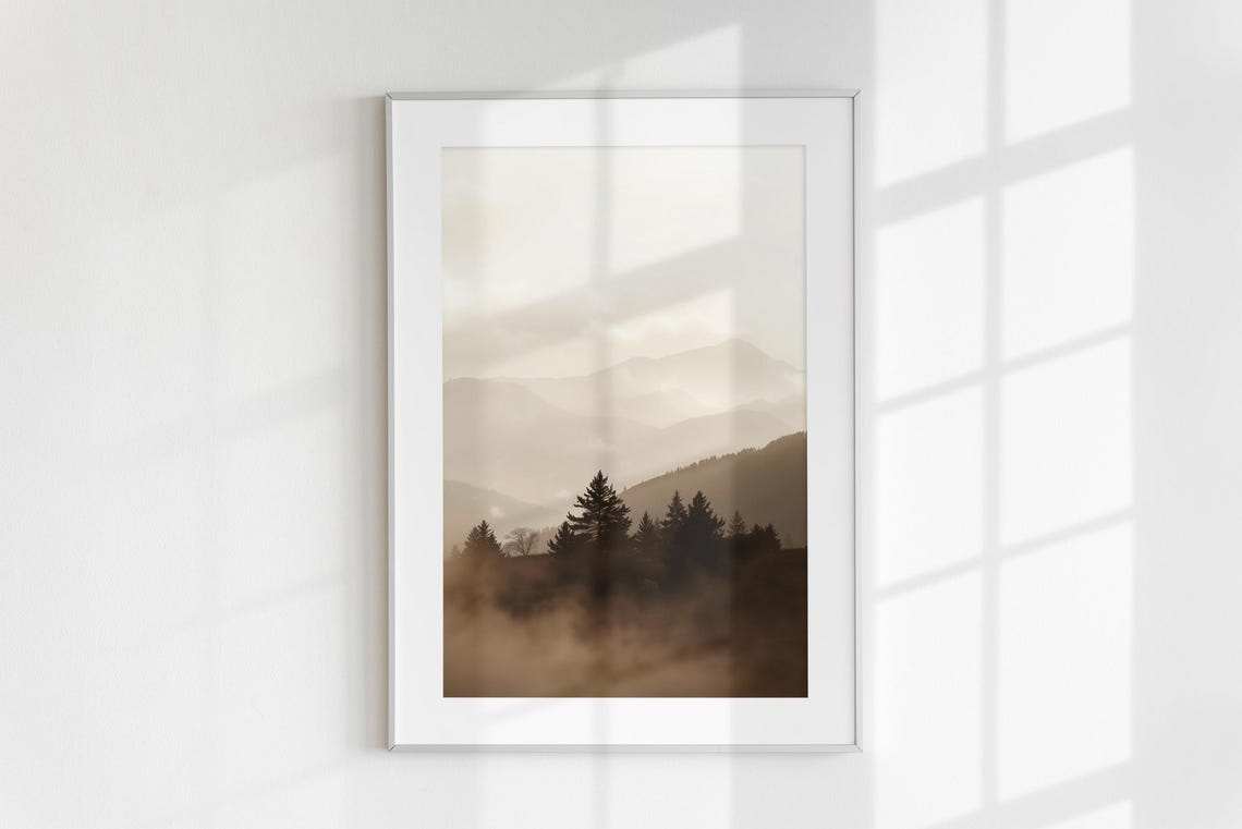 Neutral Sepia Mountain Layers Misty Pines Monochrome Photo Poster - Image 6
