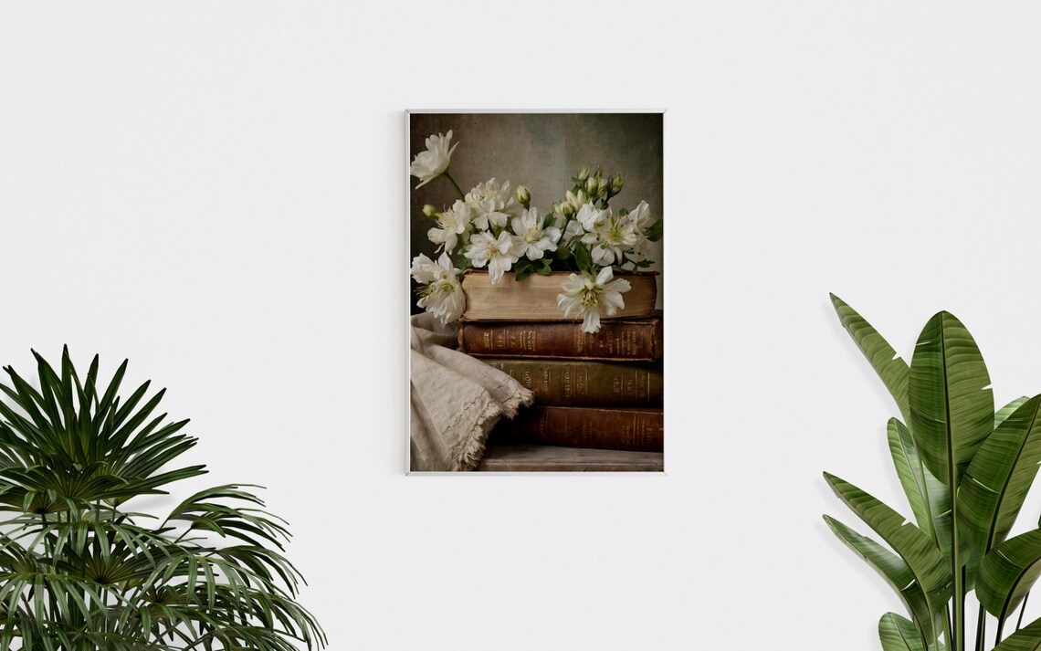 White Flowers Antique Books Stack Dark Academia Still Life Photo Poster - Image 2