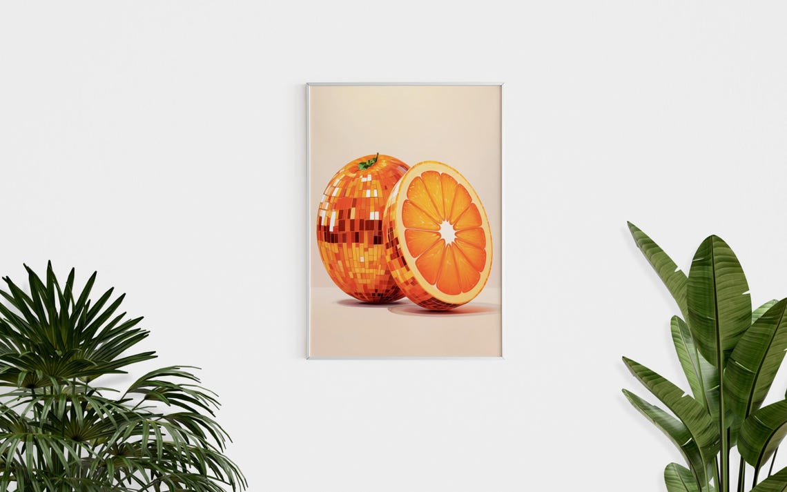 Disco Ball Orange Fruit Mirror Tile Retro Dopamine Kitchen Poster - Image 2