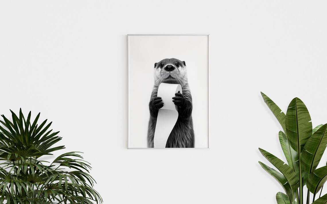 Otter Holding Toilet Paper Roll Black White Funny Bathroom Photo Poster - Image 2