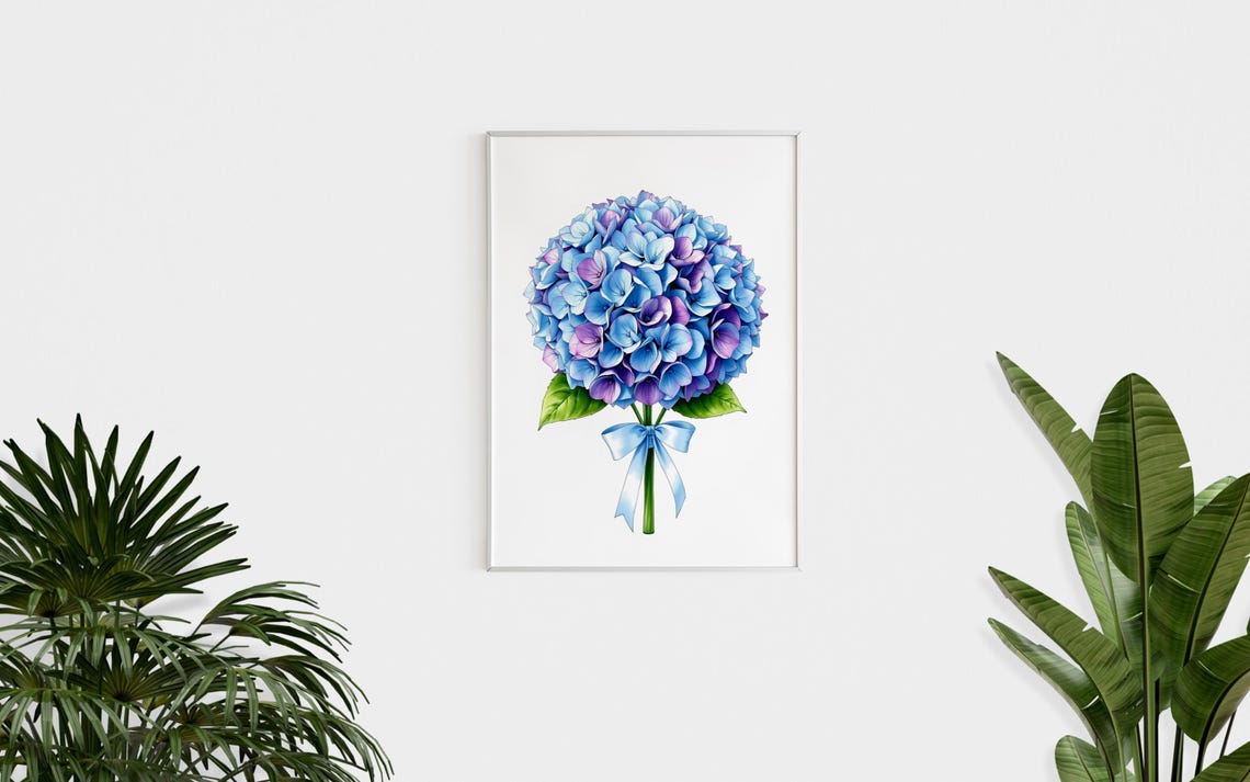 Blue Purple Hydrangea Bouquet Ribbon Bow Watercolor Floral Poster - Image 2