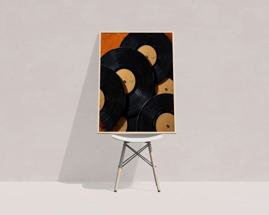 Overlapping Black Vinyl Records Beige Labels Burnt Orange Music Poster - Image 3