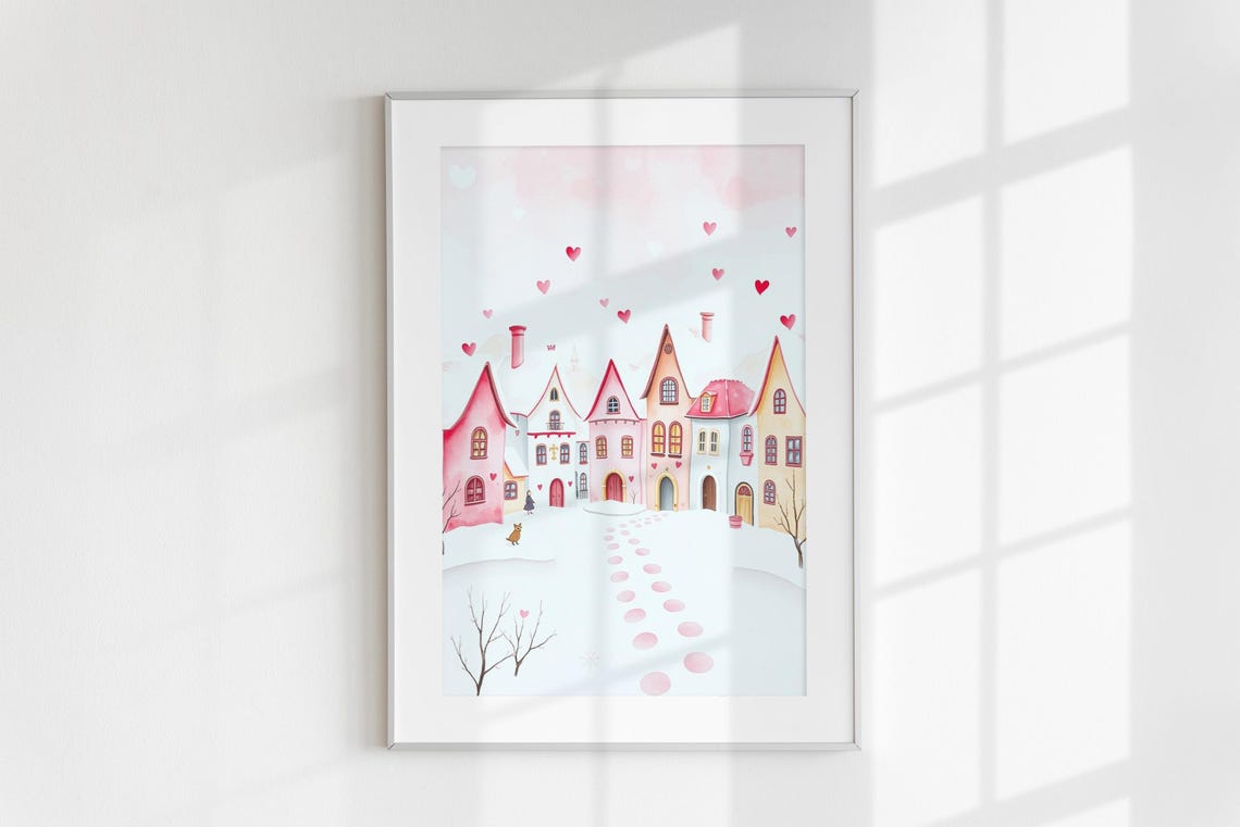 Pink Valentine Village Snowy Street Falling Hearts Watercolor Poster - Image 6