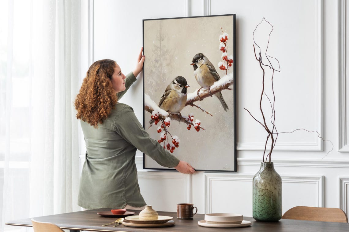 Two Winter Birds on Snowy Branch with Red Berries Bird Wall Art Print - Image 4