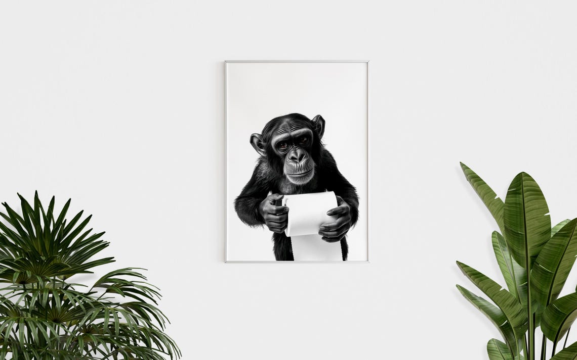 Chimpanzee Holding Toilet Paper Black And White Funny Bathroom Poster - Image 2