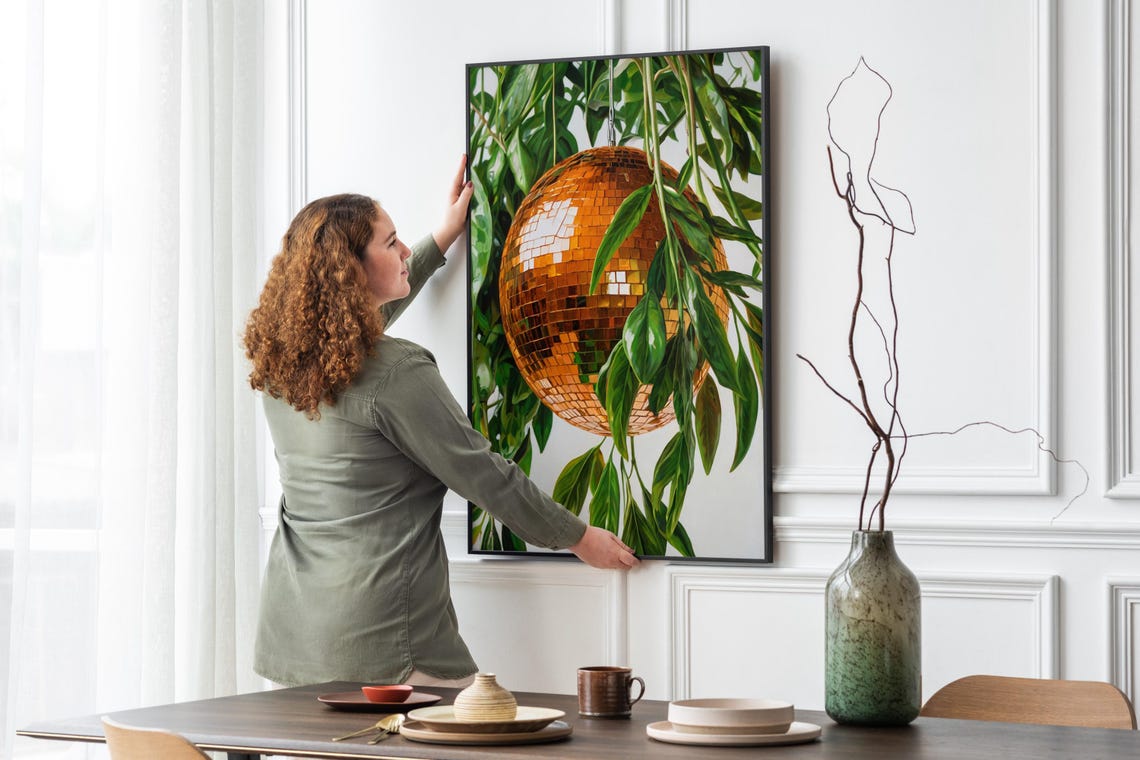 Orange Disco Ball Mirror Ball Green Leaves Retro Party Wall Art - Image 5