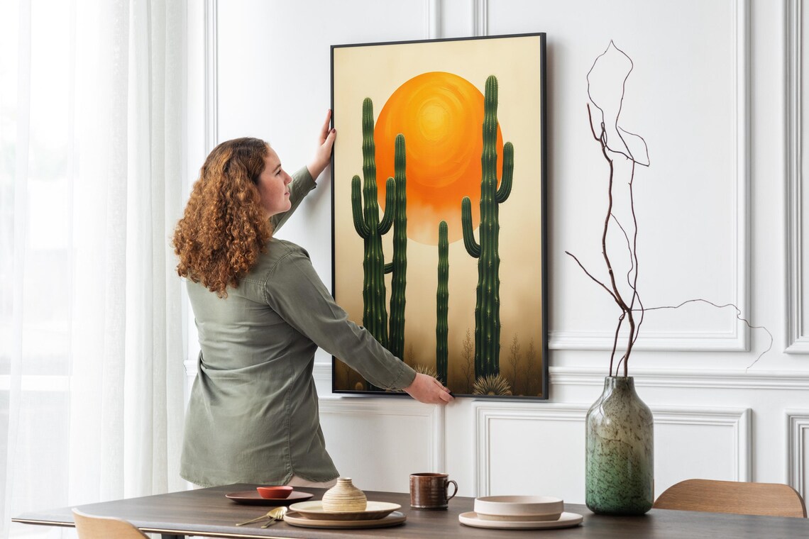 Green Cacti Silhouette Giant Orange Sun Desert Southwest Art Poster - Image 4