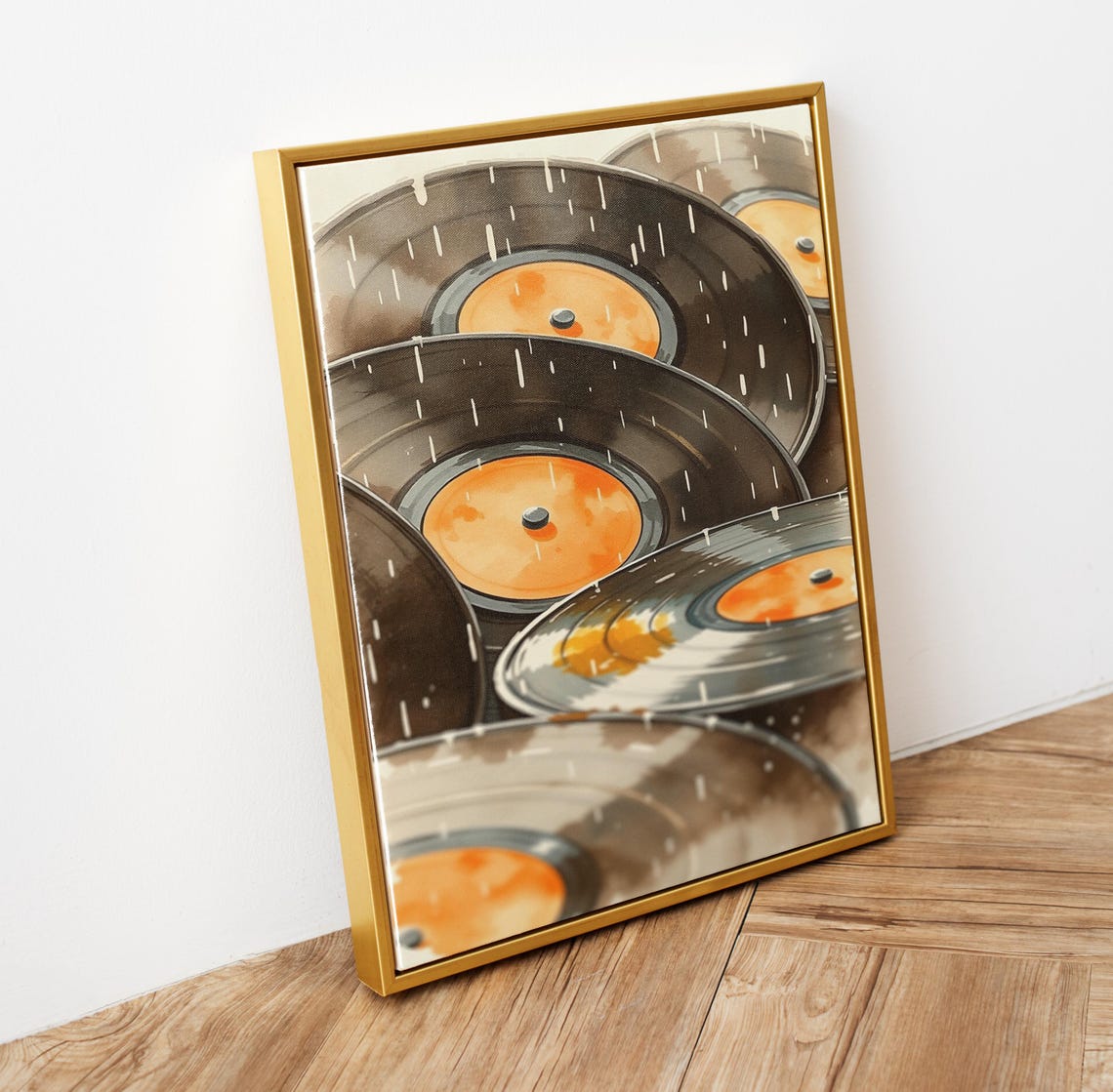 Stacked Vinyl Records Orange Labels Rainy Day Watercolor Music Poster - Image 6