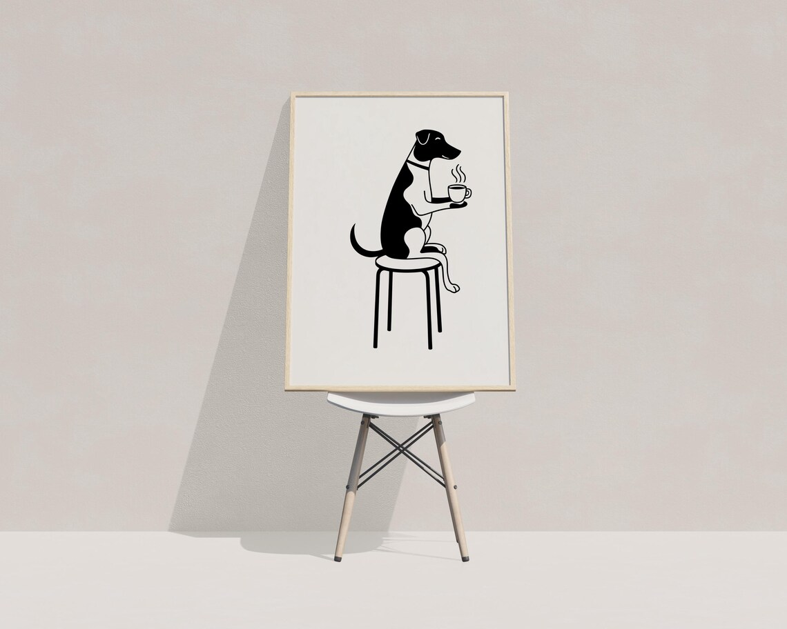 Dog Drinking Coffee Minimalist Line Art Funny Dog Lover Wall Art - Image 4