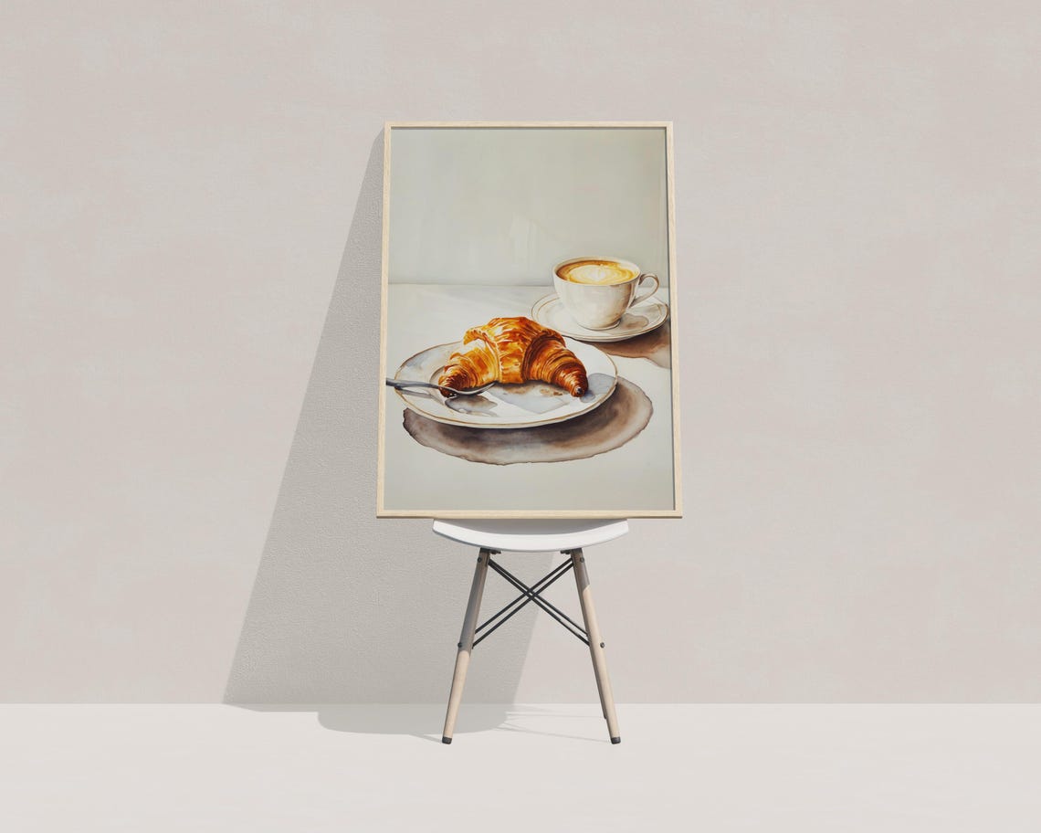 Croissant And Latte Coffee Cup Watercolor Kitchen Breakfast Print - Image 4
