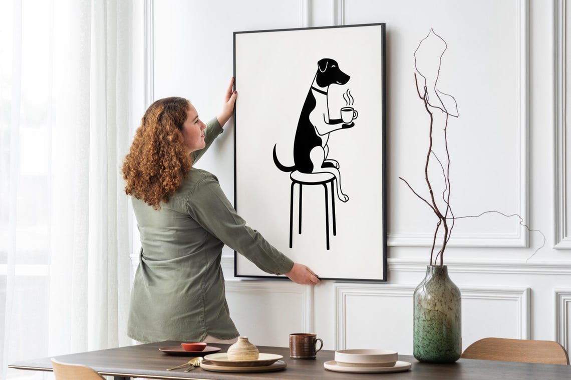 Dog Drinking Coffee Minimalist Line Art Funny Dog Lover Wall Art - Image 5