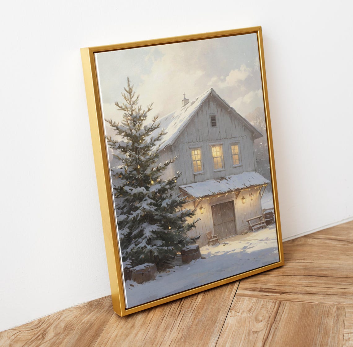 Snowy White Barn Christmas Winter Farmhouse Holiday Painting Wall Art - Image 6