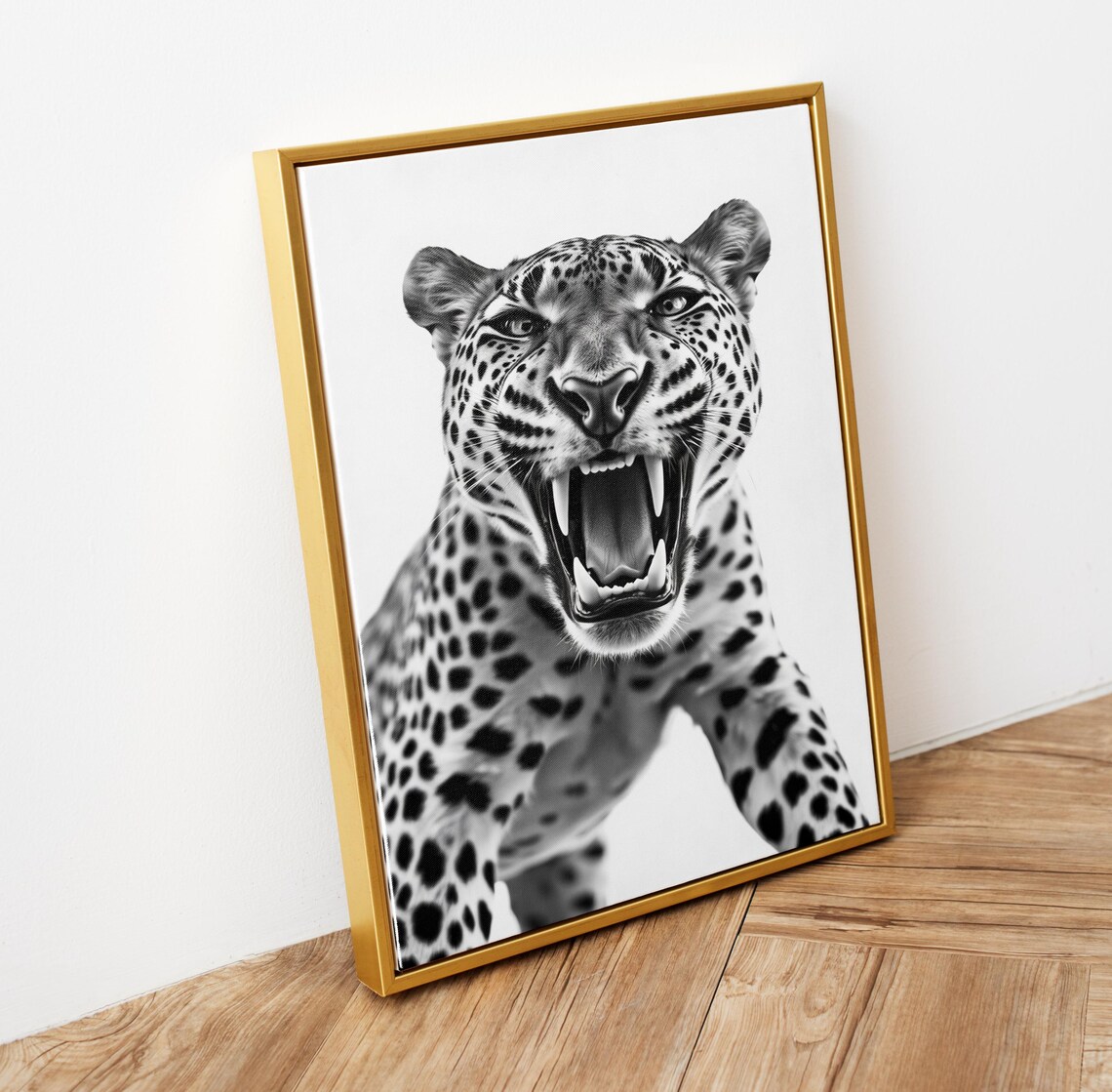 Leopard Roaring Black and White Wild Cat Animal Photography Wall Art - Image 6