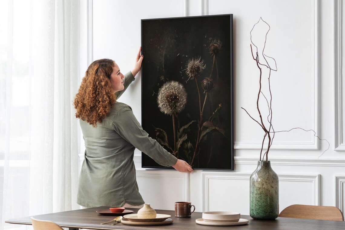 Dandelion on Black Moody Dark Botanical Floral Photography Wall Art - Image 5