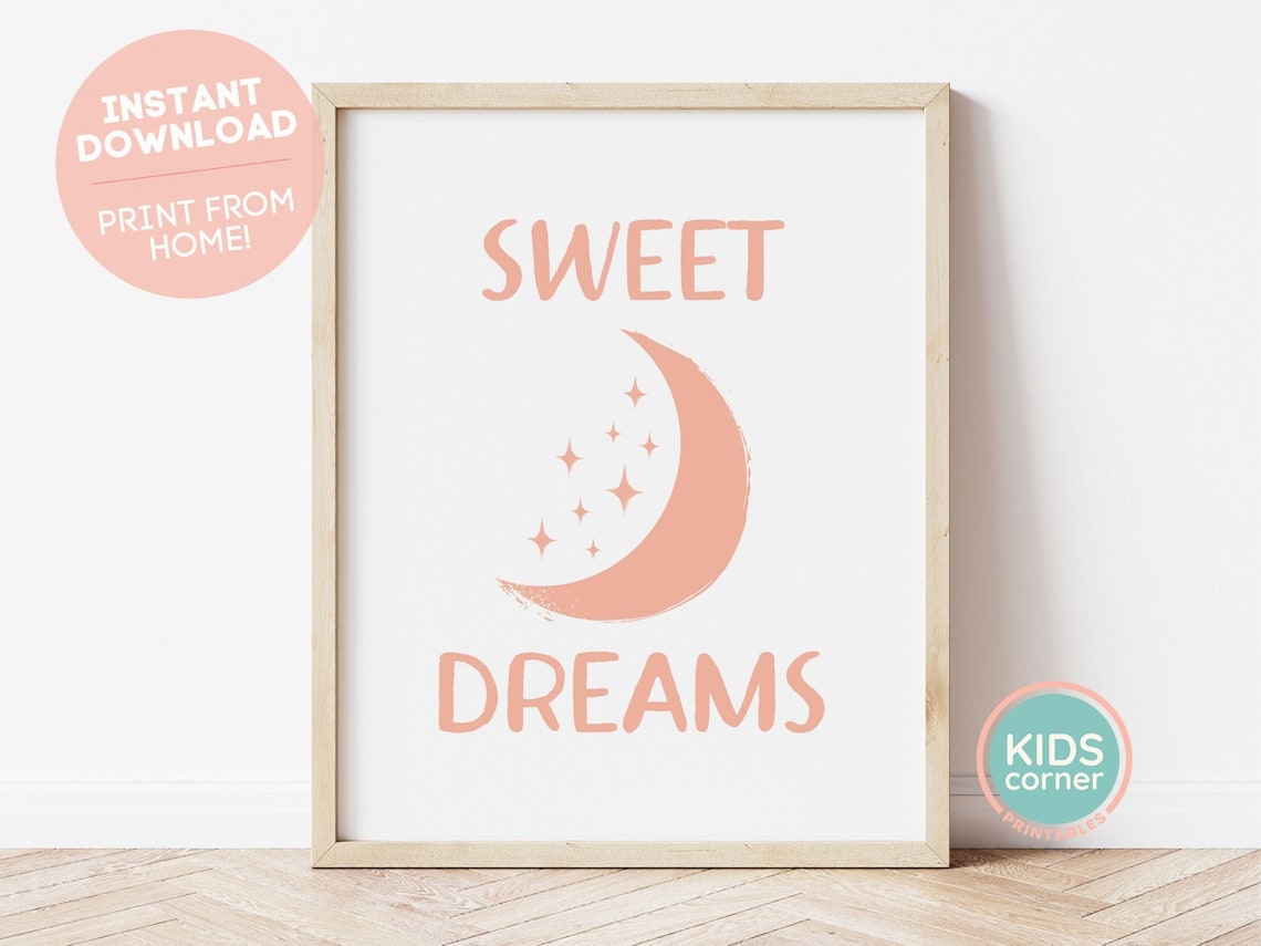 Sweet Dreams Orange Moon and Stars Bedtime Nursery Wall Decor Poster