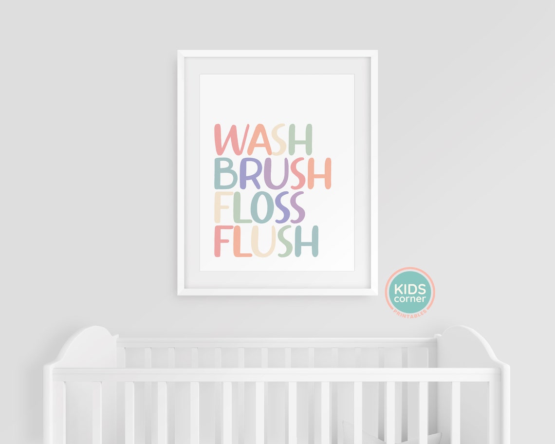 Wash Brush Floss Flush Pastel Letters Kids Bathroom Habit Poster - Image 3
