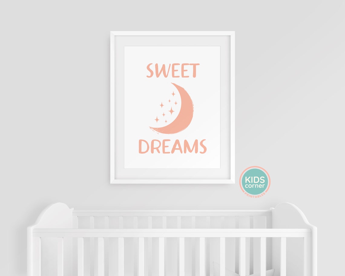 Sweet Dreams Orange Moon and Stars Bedtime Nursery Wall Decor Poster - Image 3
