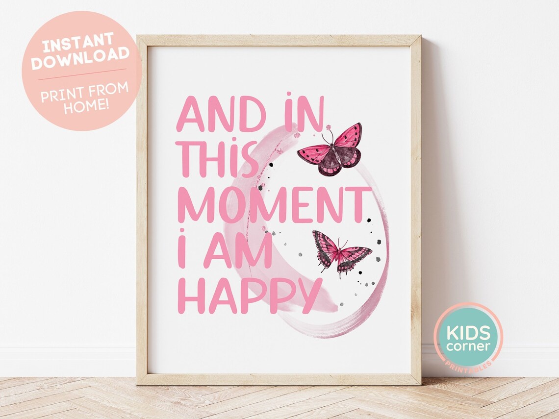 In This Moment I Am Happy Pink Butterfly Watercolor Quote Poster