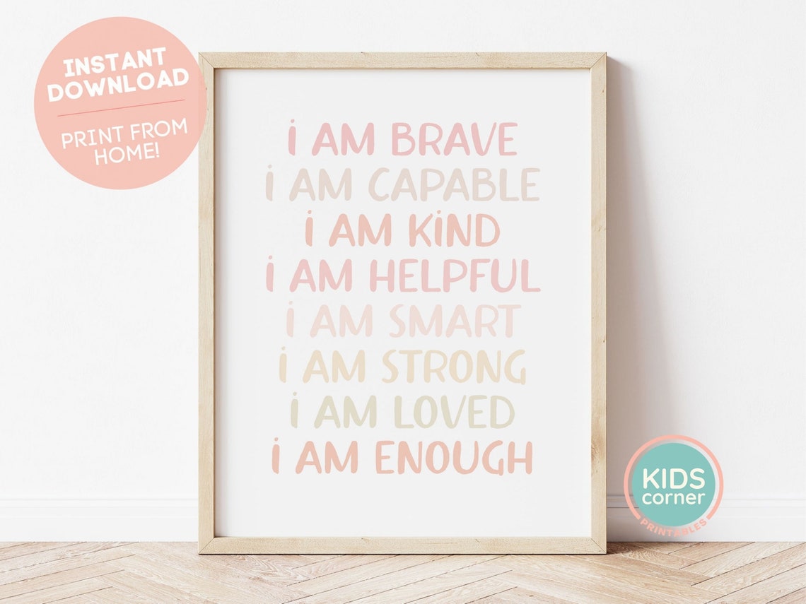 I Am Enough Affirmations Pink Kids Room Confidence Word Art Poster