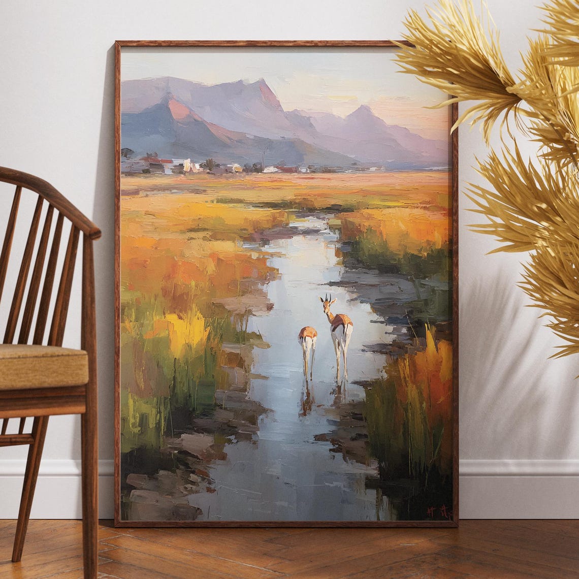 Impasto Antelope Art Print Textured Landscape Painting Wildlife Wall Golden Meadow River Scene Impressionist Gift