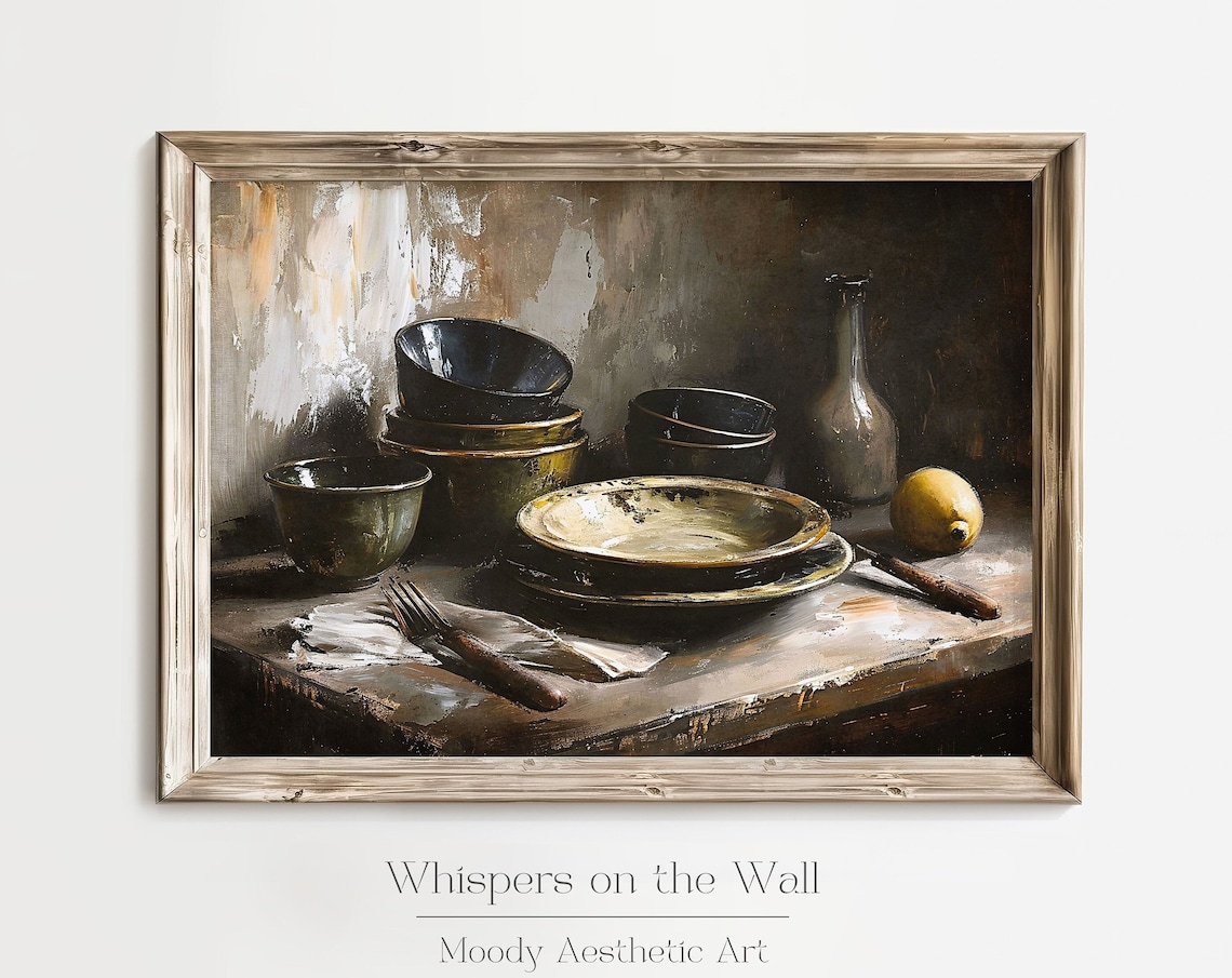 Rustic Kitchenware Art Print Moody Farmhouse Wall Decor Vintage Cottagecore Painting Dishware Art Neutral Wall Art