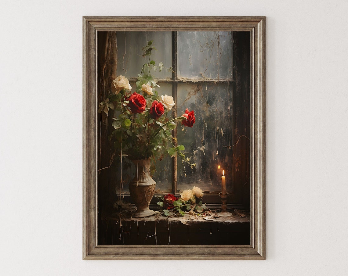 Red Roses in Vase Rainy Window Candle Moody Gothic Wall Poster