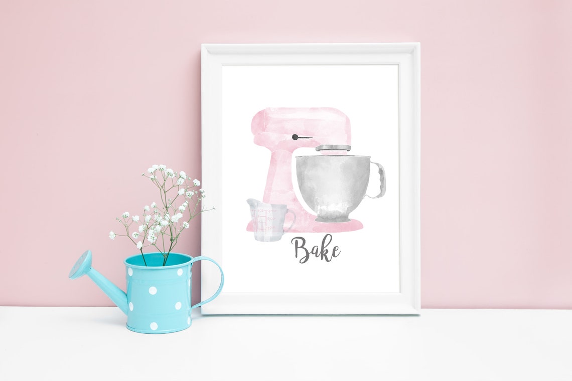 Pink Watercolor Stand Mixer Bake Script Kitchen Baking Poster - Image 2