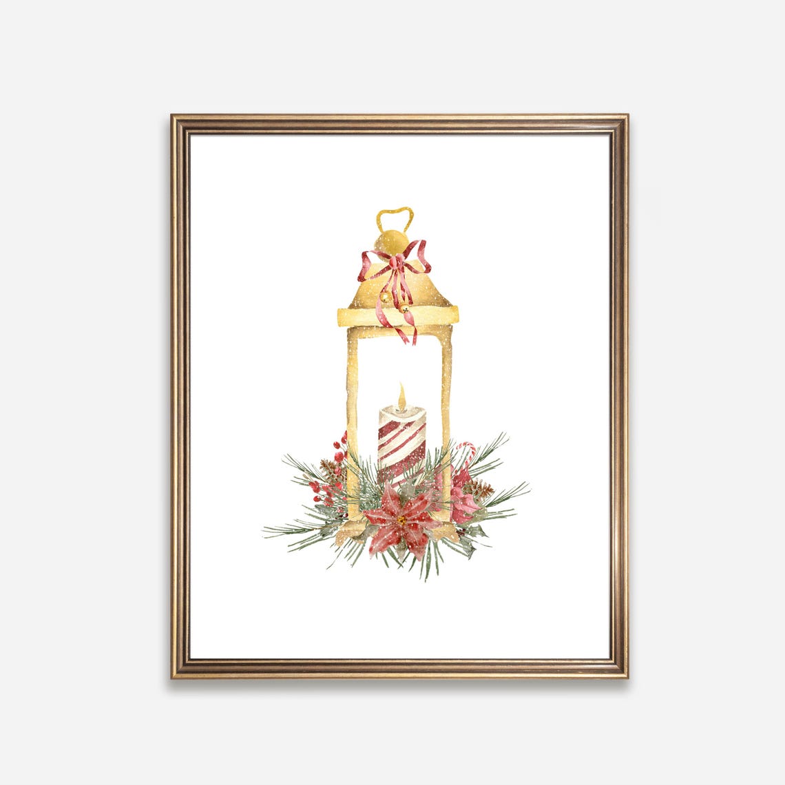 Golden Christmas Lantern Candle Poinsettia Watercolor Holiday Poster - Image 2