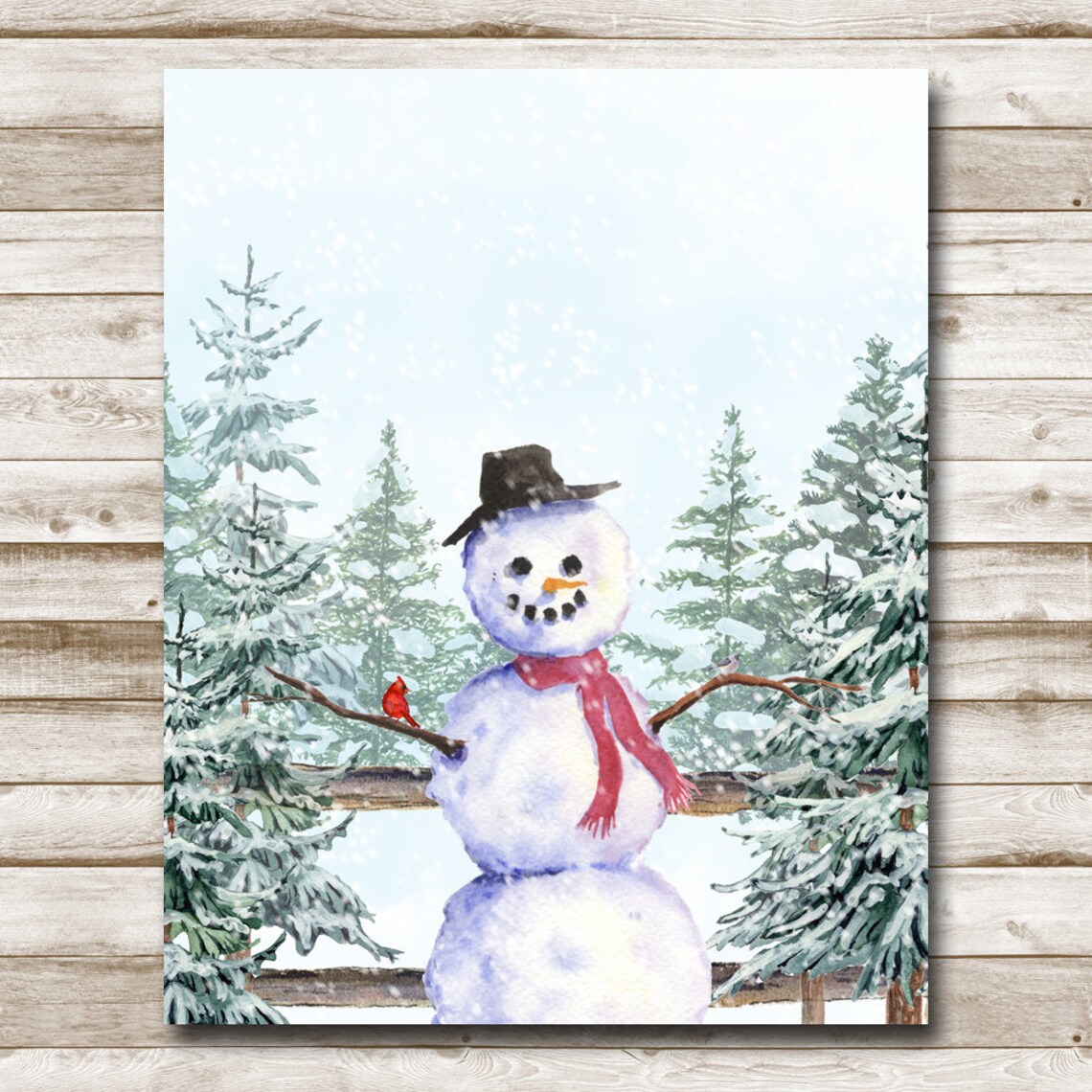Snowman With Top Hat Cardinal Watercolor Snowy Evergreen Winter Scene Poster - Image 4