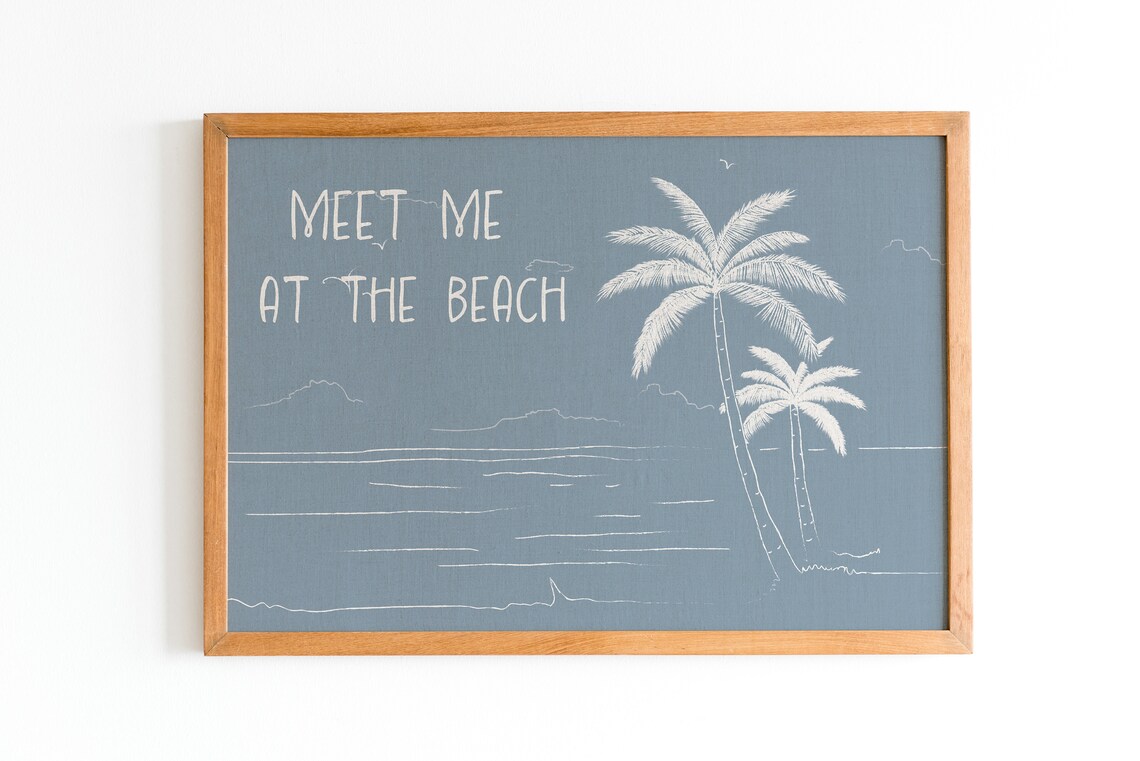 Meet Me at the Beach Palm Tree Line Art on Dusty Blue Poster - Image 3
